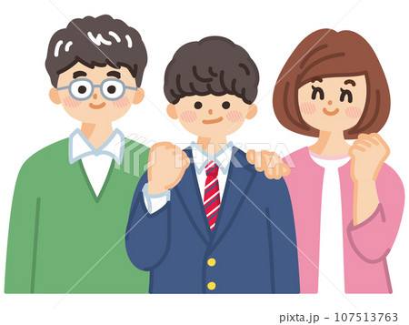 笑顔で喜ぶ制服姿の男子学生と両親 107513763