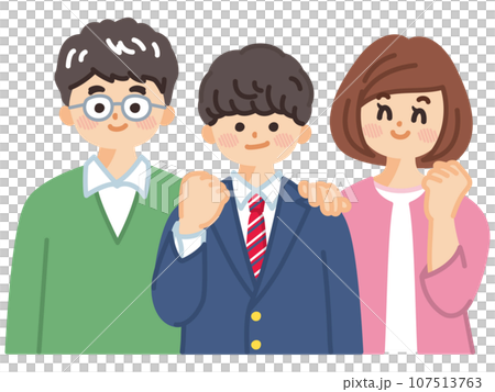 笑顔で喜ぶ制服姿の男子学生と両親 107513763