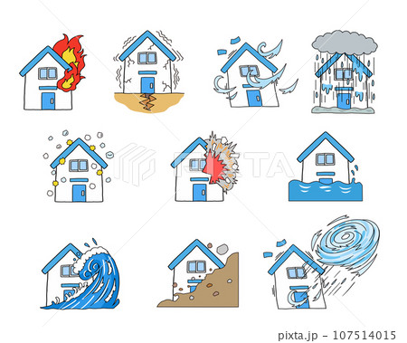 災害による住宅被害イラストのセット 107514015