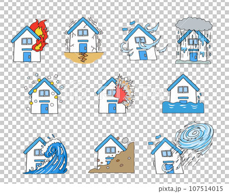 A set of illustrations of housing damage caused by disasters 107514015