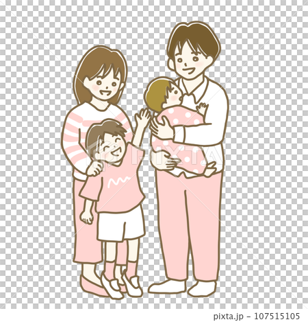插畫材料：人、微笑的父母和孩子、四口之家（粉紅色） 107515105