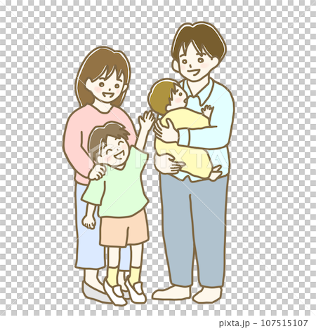 插畫資料：人、微笑的父母和孩子、四口之家（淺色） 107515107
