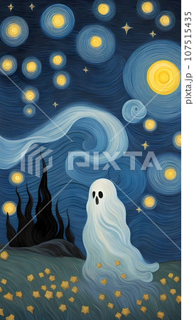 Ghost in the starry night halloween illustration  107515435