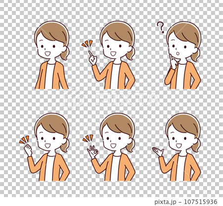 Illustration of a woman in plain clothes in various poses Illustration of a woman in plain clothes in various poses 107515936