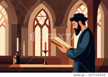 Jew reading torah Judaism religion in synagogue rabbis vector illustration. 107516010