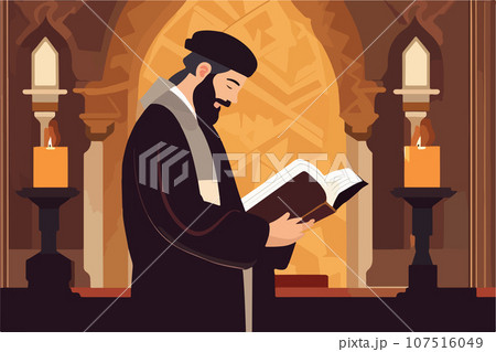 Religious Jew after attending synagogue reading Torah vector illustration. 107516049