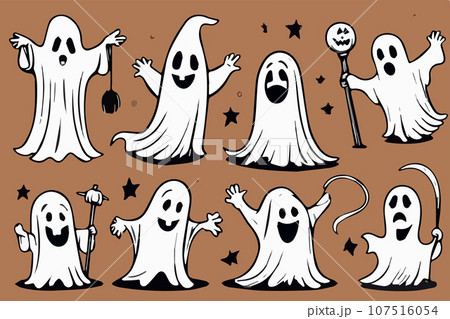 Halloween set funny ghosts with pumpkins on color background, vector Halloween set funny ghosts with pumpkins on color background, vector 107516054
