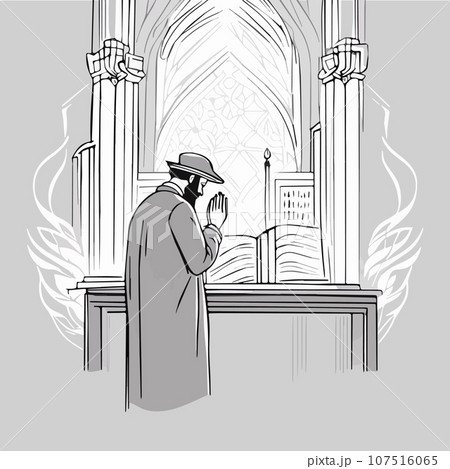 Cartoon jew character composition with flat images of synagogue temple indoor Cartoon jew character composition with flat images of synagogue temple indoor 107516065