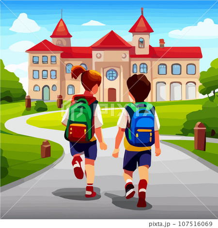 Back to school vector illustration. Little girl, boy go to school building, back view. Green landscape with construction, way, plants, trees. 107516069