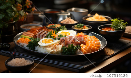 Modern Japanese breakfast set with salmon sashimi. generative AI. Modern Japanese breakfast set with salmon sashimi. generative AI. 107516126