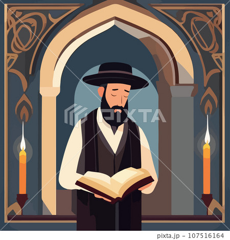 Religious Jew reads Torah in synagogue. Vector illustration, Jewish holidays Religious Jew reads Torah in synagogue. Vector illustration, Jewish holidays 107516164