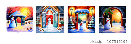 open door in winter and snowman, Christmas greeting card, art Vector illustration 107516193