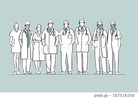 Sketch Diverse group medics or health workers standing in line wearing uniforms 107516208