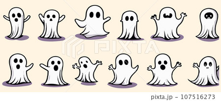 Halloween set funny ghosts with pumpkins on color background, vector Halloween set funny ghosts with pumpkins on color background, vector 107516273