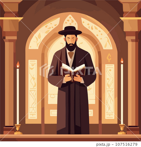 Cartoon jew character composition with flat images of synagogue temple indoor Cartoon jew character composition with flat images of synagogue temple indoor 107516279