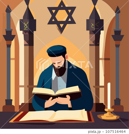 Religious Jew reads Torah in synagogue. Vector illustration, Jewish holidays Religious Jew reads Torah in synagogue. Vector illustration, Jewish holidays 107516464