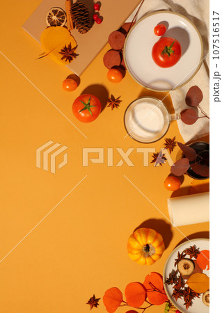 Concept of fall season and Thanksgiving day with fruits, spices and autumn leaves on yellow background. Thanksgiving is the time for traveling 107516517