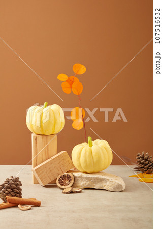 Yellow pumpkins placed on a podium and a stone. Pine cones, cinnamon sticks and dried orange slices. Brown background for Thanksgiving day Yellow pumpkins placed on a podium and a stone. Pine cones, cinnamon sticks and dried orange slices. Brown background for Thanksgiving day 107516532