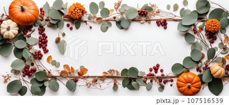 Thanksgiving day or Halloween concept banner. Top view white background decor from pumpkin, red berry, green leaves with copy space. autumn and fall season background. Thanksgiving day or Halloween concept banner. Top view white background decor from pumpkin, red berry, green leaves with copy space. autumn and fall season background. 107516539