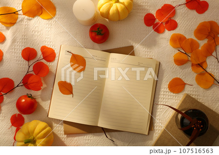 A notebook decorated with many orange leaves, tomatoes and pumpkins. Mockup design. Thanksgiving concept photography 107516563