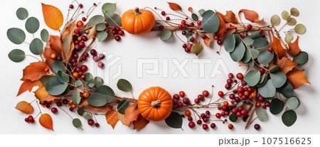 Thanksgiving day or Halloween concept banner. Top view white background decor from pumpkin, red berry, green leaves with copy space. autumn and fall season background. 107516625