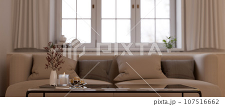 Front view of a copy space on a modern coffee table in a modern comfortable living room. Front view of a copy space on a modern coffee table in a modern comfortable living room. 107516662