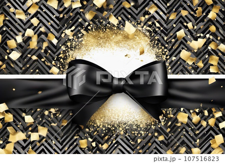 black bow with golden confetti on the background, the concept of gifts of holidays and sales, black friday black bow with golden confetti on the background, the concept of gifts of holidays and sales, black friday 107516823