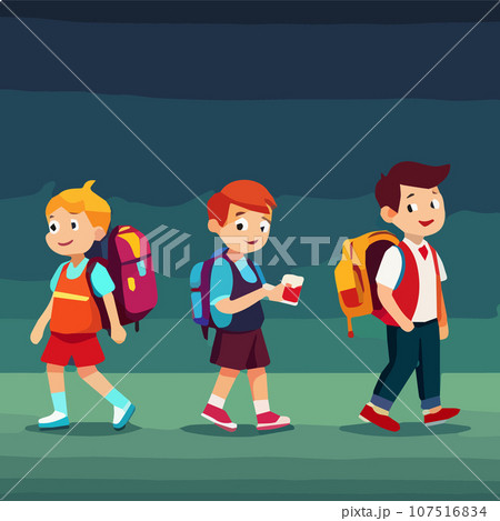 Back to school vector illustration. Little girl, boy go to school building, back view. Green landscape with construction, way, plants, trees. 107516834