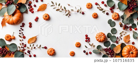 Thanksgiving day or Halloween concept banner. Top view white background decor from pumpkin, red berry, green leaves with copy space. autumn and fall season background. 107516835