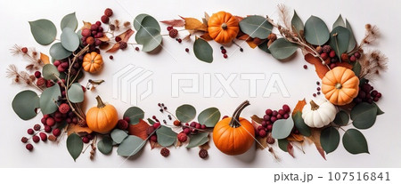 Thanksgiving day or Halloween concept banner. Top view white background decor from pumpkin, red berry, green leaves with copy space. autumn and fall season background. 107516841