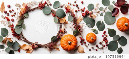 Thanksgiving day or Halloween concept banner. Top view white background decor from pumpkin, red berry, green leaves with copy space. autumn and fall season background. 107516944