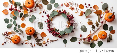 Thanksgiving day or Halloween concept banner. Top view white background decor from pumpkin, red berry, green leaves with copy space. autumn and fall season background. 107516946