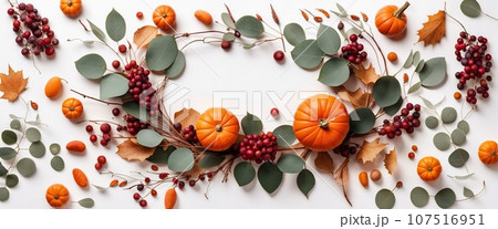 Thanksgiving day or Halloween concept banner. Top view white background decor from pumpkin, red berry, green leaves with copy space. autumn and fall season background. Thanksgiving day or Halloween concept banner. Top view white background decor from pumpkin, red berry, green leaves with copy space. autumn and fall season background. 107516951