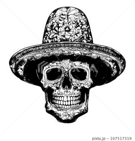 Day of The Dead, Human skull in flowers sketch hand drawn engraved style Vector illustration. 107517319