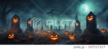 Graveyard in spooky death Forest At Halloween Night banner with full moon and glowing pumpkins. Graveyard in spooky death Forest At Halloween Night banner with full moon and glowing pumpkins. 107517327