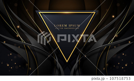 Gold triangle shape and black ribbons with golden lines, shiny dots effect, and bokeh decoration on dark background. Elegant style vector design 107518753
