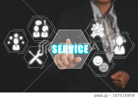 Service concept, Business woman hand touching service icon on virtual screen. 107518959