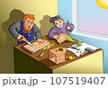 Father and son making a wooden birdhouse together, cartoon vector illustration 107519407
