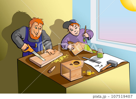 Father and son making a wooden birdhouse together, cartoon vector illustration 107519407