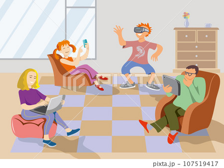 Family members using electronic gadgets at home, flat cartoon vector illustration 107519417