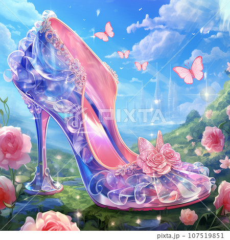 ガラスの靴とバラと花々の水彩イラスト　AI画像 107519851