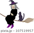 黒い服で黒猫と箒に乗って空を飛ぶ悪い魔女のかわいいおしゃれなベクターイラスト 左向き 107519957