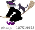 黒い服で黒猫と箒に乗って空を飛ぶ悪い魔女のかわいいおしゃれなベクターイラスト 左向き 107519958