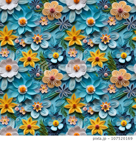 ペーパークイリングのカラフルな花々 シームレス背景 AI画像のイラスト