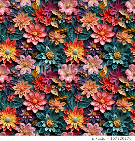 ペーパークイリングのカラフルな花々　シームレス背景　AI画像 107520170