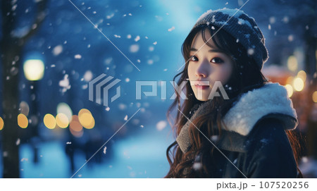 粉雪が舞う街角と女性の優しい表情 portrait of a girl in snow AI生成画像 107520256