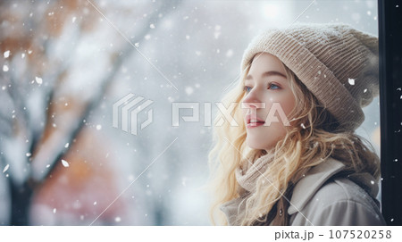 粉雪が舞う街角と女性の優しい表情 portrait of a girl in snow AI生成画像 粉雪が舞う街角と女性の優しい表情 portrait of a girl in snow AI生成画像 107520258