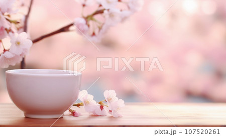 桜の花と湯呑でゆっくり Cherry blossom and green tea AI生成画像 107520261