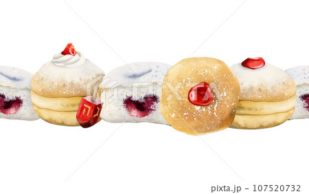 Hanukkah seamless border with donuts and dreidels watercolor illustration isolated on white background. Hand drawn Jewish sevivon, doughnuts, sufganiyah,. Chanukah pastry with strawberry jam. Hanukkah seamless border with donuts and dreidels watercolor illustration isolated on white background. Hand drawn Jewish sevivon, doughnuts, sufganiyah,. Chanukah pastry with strawberry jam. 107520732