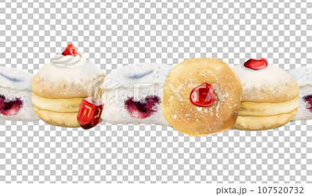 Hanukkah seamless border with donuts and dreidels watercolor illustration isolated on white background. Hand drawn Jewish sevivon, doughnuts, sufganiyah,. Chanukah pastry with strawberry jam. Hanukkah seamless border with donuts and dreidels watercolor illustration isolated on white background. Hand drawn Jewish sevivon, doughnuts, sufganiyah,. Chanukah pastry with strawberry jam. 107520732